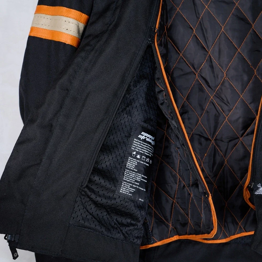 Speed and Strength Motorcycle Jacket Mens Black Orange Leather Trim Large L